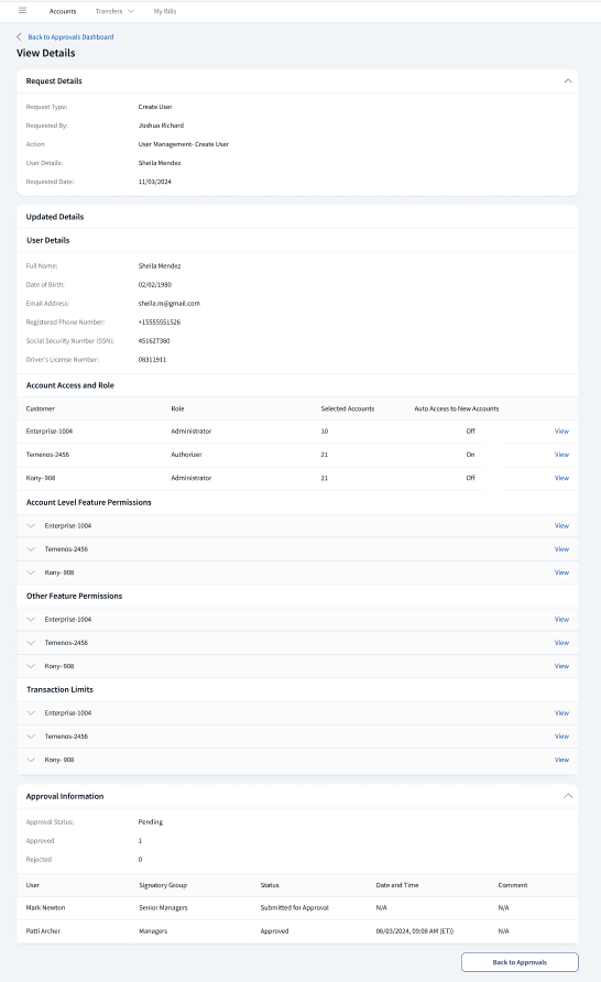 Create User Approval details